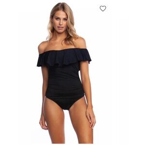 Cocoship Black Ruffle Off The Shoulder One Piece Swimsuit Size 14 Ruched Bodice